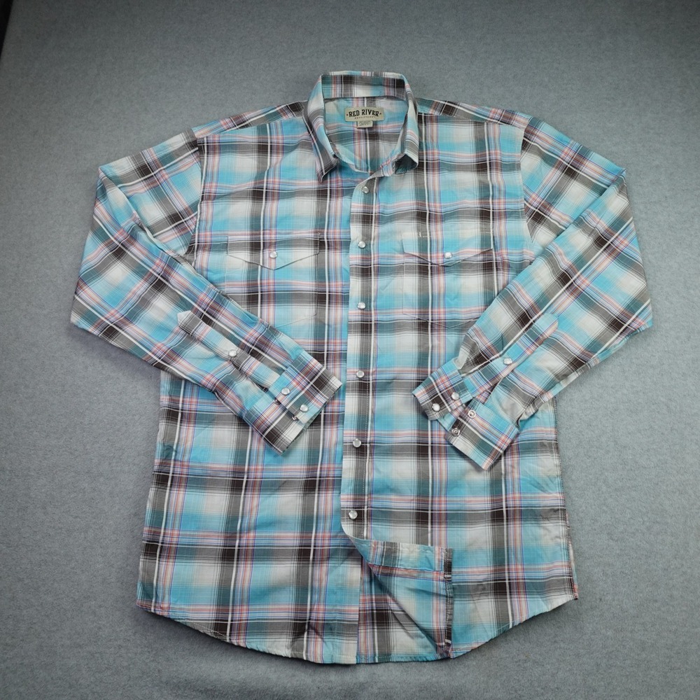 Red River Outfitters Shirt Mens Large Blue Plaid Western Pearl Snap Long Sleeve